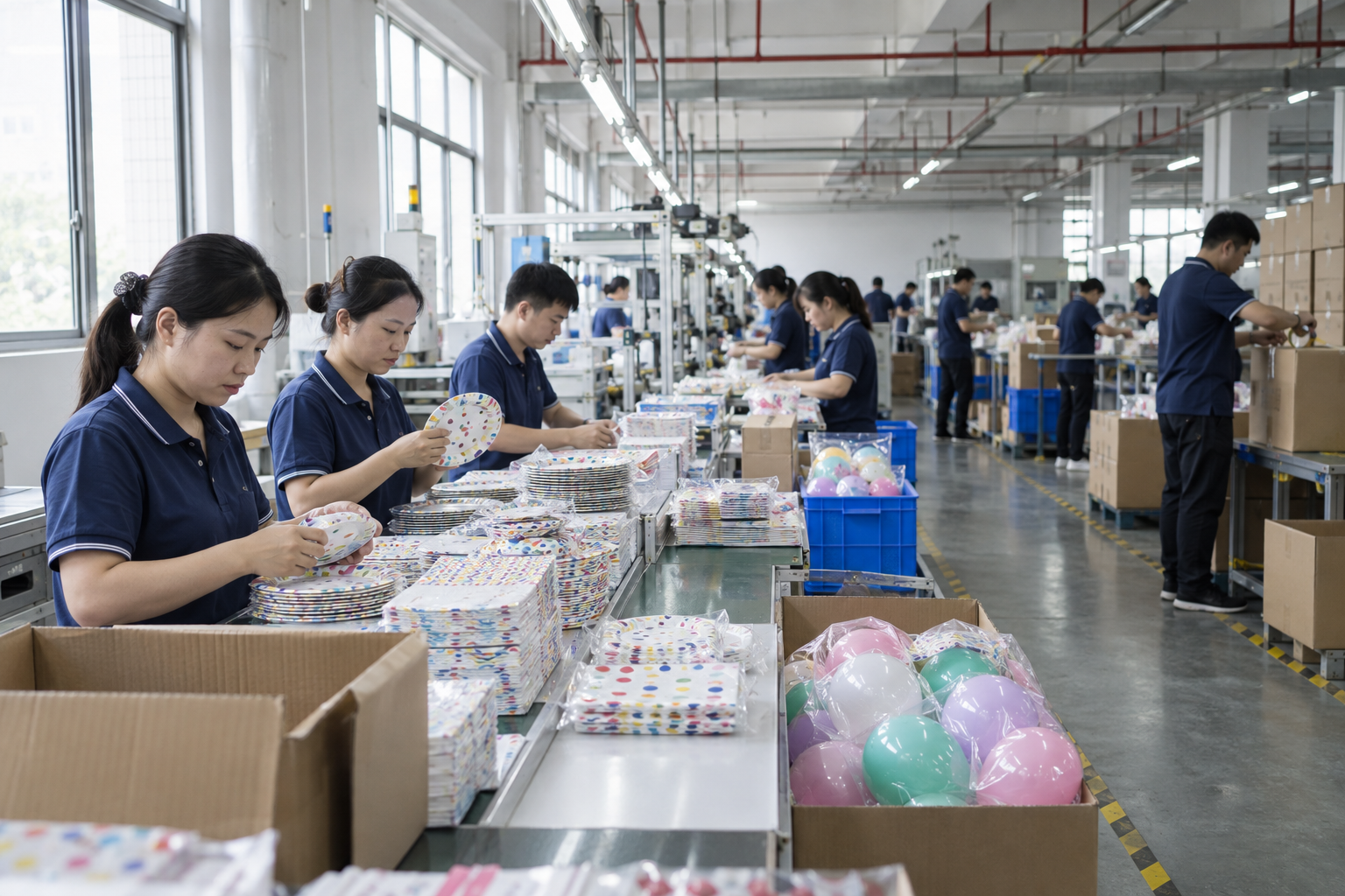 Asian production team checking party supplies on a Shenzhen factory production line