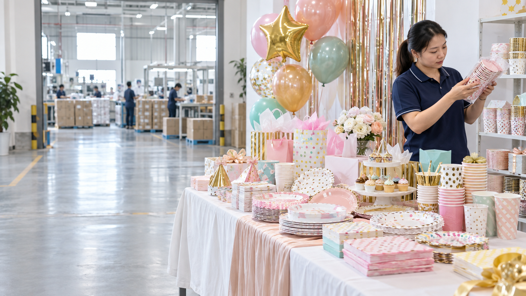 Asian quality inspector checking premium party supplies in a Shenzhen factory